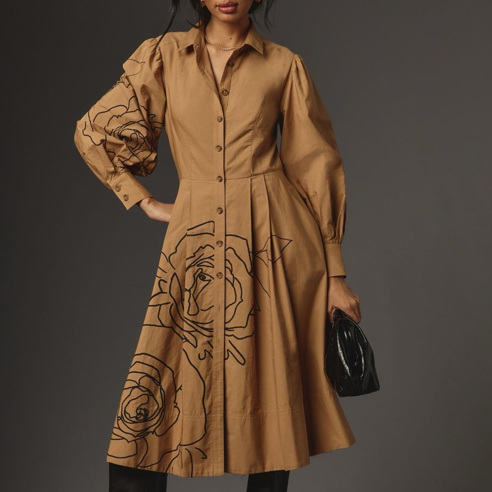 NWT By Anthropologie size US12 Long-Sleeve A-Line Midi Shirt Dress Honey